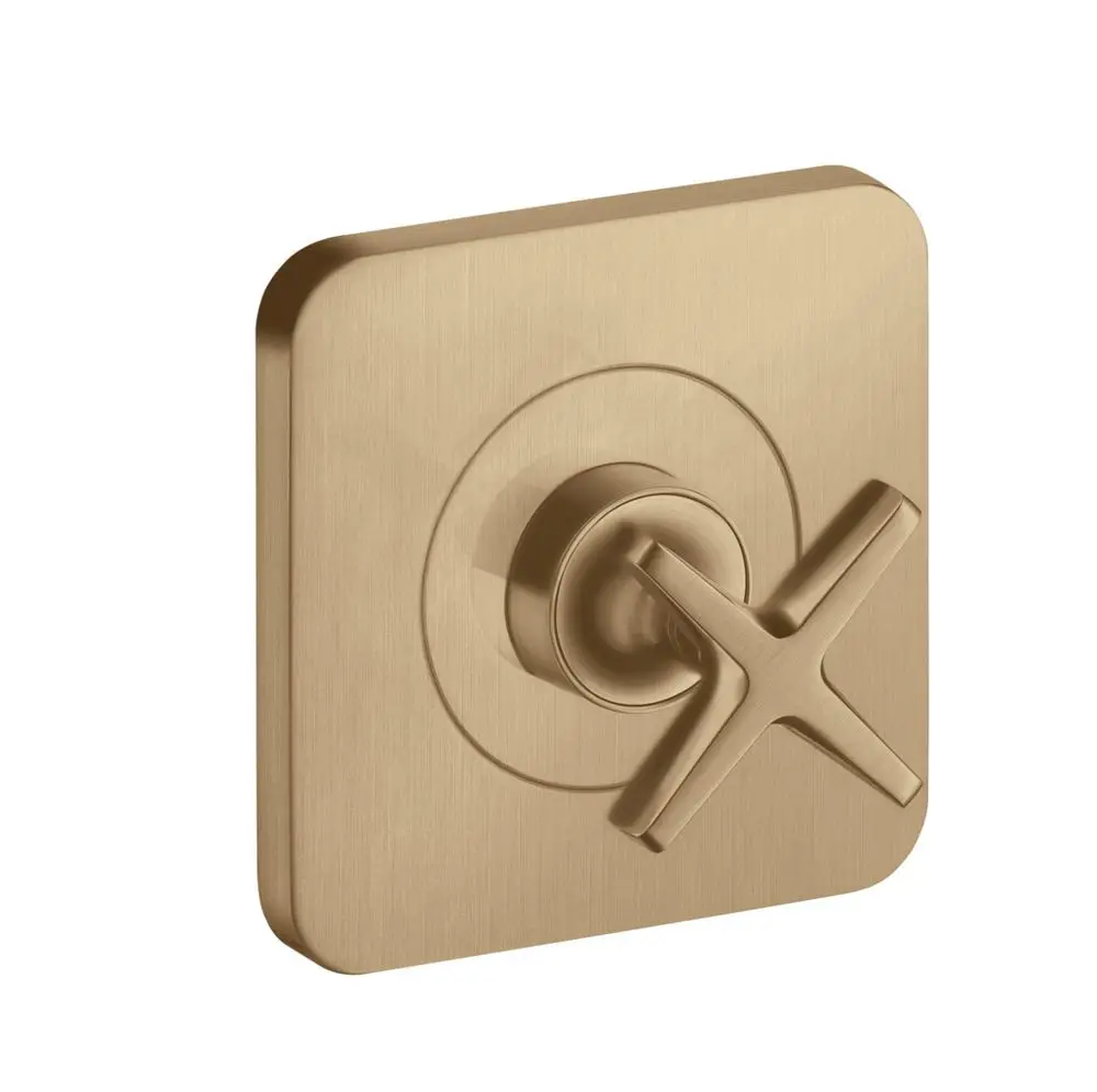 Unterputz-Absperrventil in gebürstetem Bronze-Finish von AXOR, mit einer eckigen Wandplatte und einem Kreuzgriff zur Steuerung des Wasserdurchflusses.